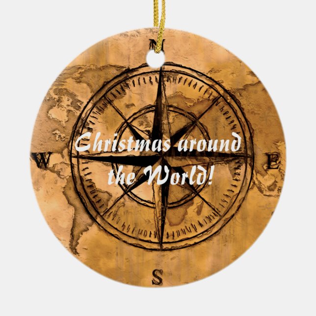 Reiseziele - Compass-Rose und Weltkarte Keramik Ornament (Vorne)