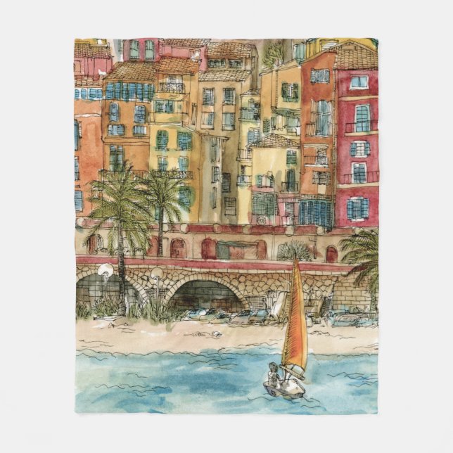 Reiseziele | Strand und Gebäude in Aquarellfarben Fleecedecke (Vorderseite)