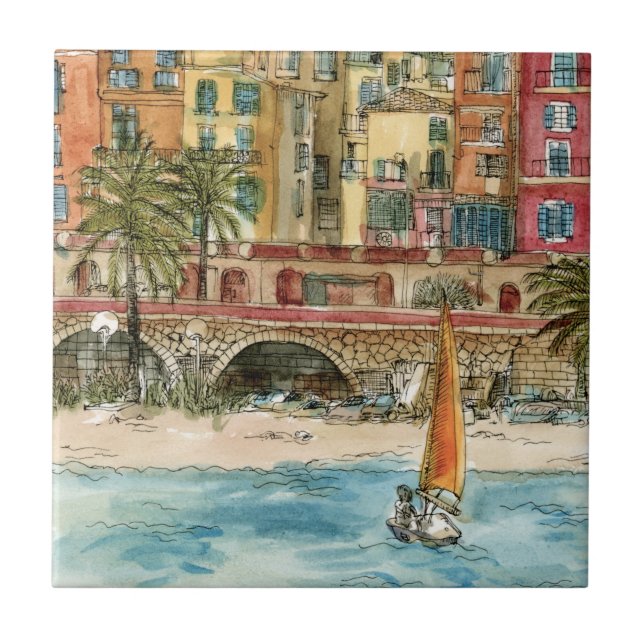 Reiseziele | Strand und Gebäude in Aquarellfarben Fliese (Vorderseite)