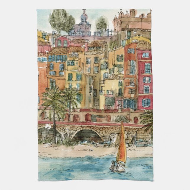 Reiseziele | Strand und Gebäude in Aquarellfarben Geschirrtuch (Vertikal)