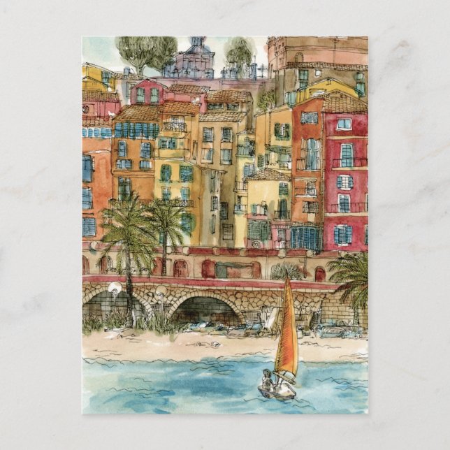 Reiseziele | Strand und Gebäude in Aquarellfarben Postkarte (Vorderseite)