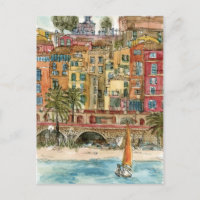 Reiseziele | Strand und Gebäude in Aquarellfarben