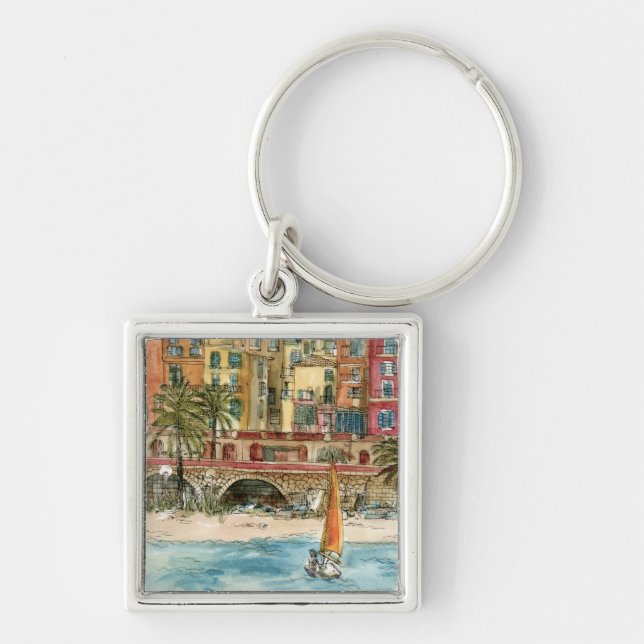Reiseziele | Strand und Gebäude in Aquarellfarben Schlüsselanhänger (Vorne)