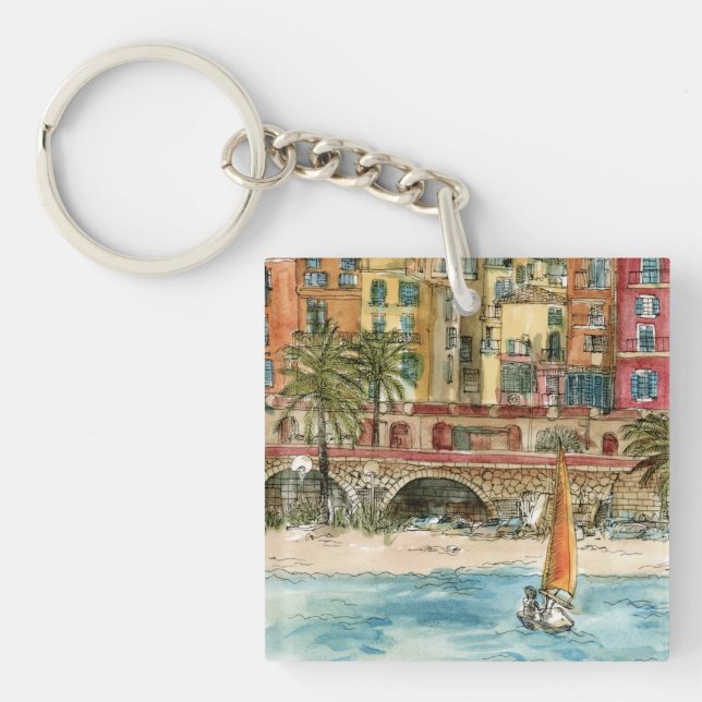 Reiseziele | Strand und Gebäude in Aquarellfarben Schlüsselanhänger (Vorderseite)