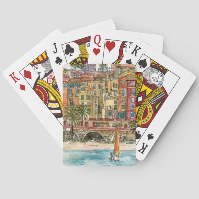 Reiseziele | Strand und Gebäude in Aquarellfarben Spielkarten (Rückseite)