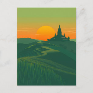 Reisfelder in Terrassenform und Tempel im Sonnenun Postkarte