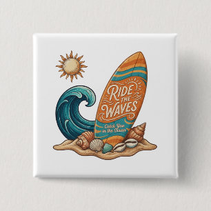 Reite die Wellen Surfboard Illustration - Tropisch Button