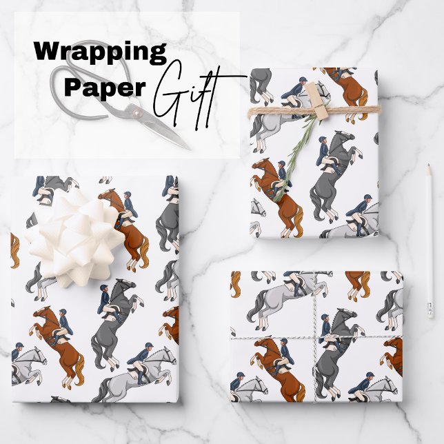 Reiten beim Springen anzeigen Geschenkpapier Set (exquisite sheets featuring three majestic horses performing show jumping in different colors)