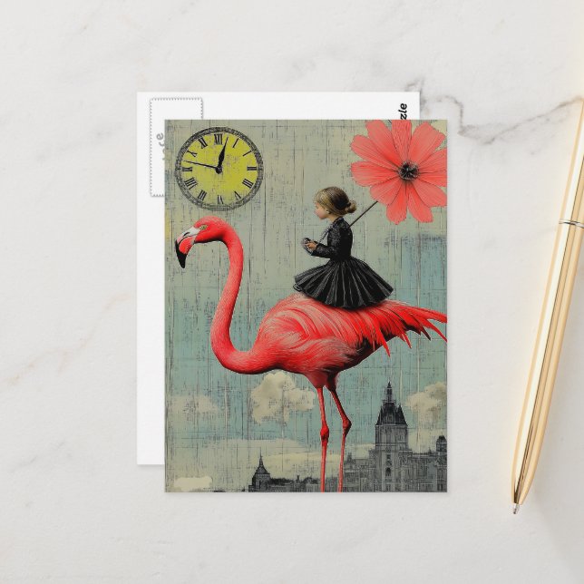 Reiten in einem rosa Flamingo Postkarte (Vorderseite/Rückseite Beispiel)