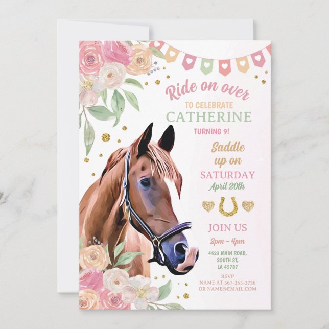 Reiten Party Pink Pony Blume Girls - Urlaub Einladung (Vorderseite)