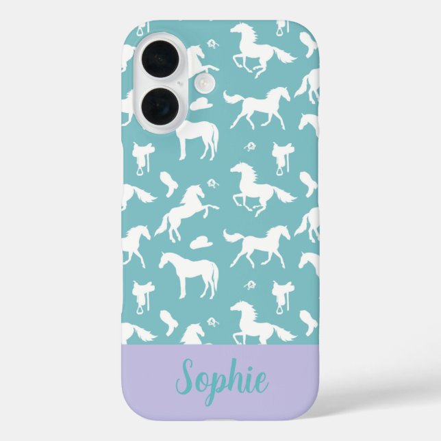 Reiter Aquamariner Pattern Individuelle Name iPhone 16 Hülle (Rückseite)