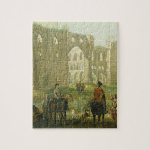 Reiter, die durch die Ruinen von Rievaulx Abtei,