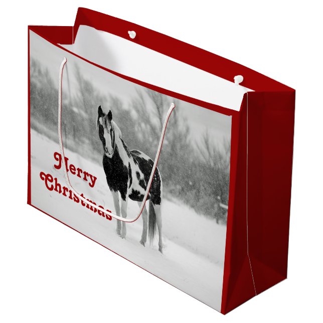 Reiter Schwarz und Weiß Schnee Foto Weihnachten Große Geschenktüte (Vorderseite Schrägansicht)