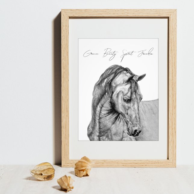 Reitkunststift zeichnend Schwarzweiß Fotodruck (Original horse pencil drawing, graphit pencil horse art print with personalized quote.)
