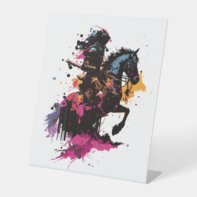 Reitpferd in Aquarellmauer Sockelschild (Vorderseite)