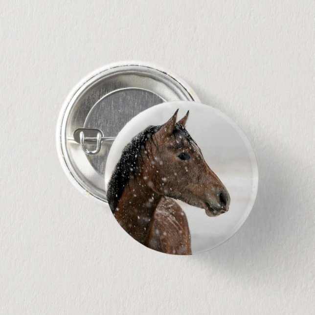 Reitpferd Stehend im sanft abfallenden Schnee Button (Vorne & Hinten)