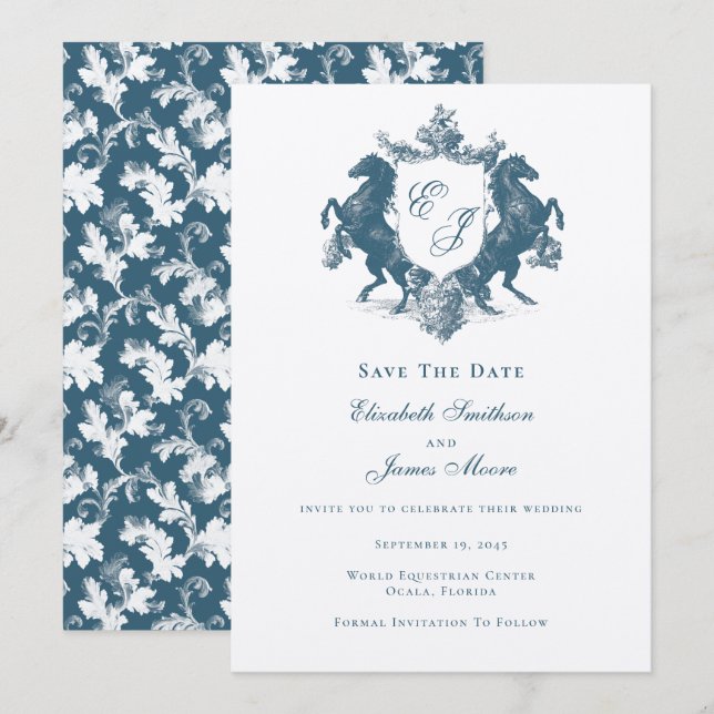 Reitpferde Monogram Horses Wappen Aquamarin Blue W Save The Date (Vorne/Hinten)