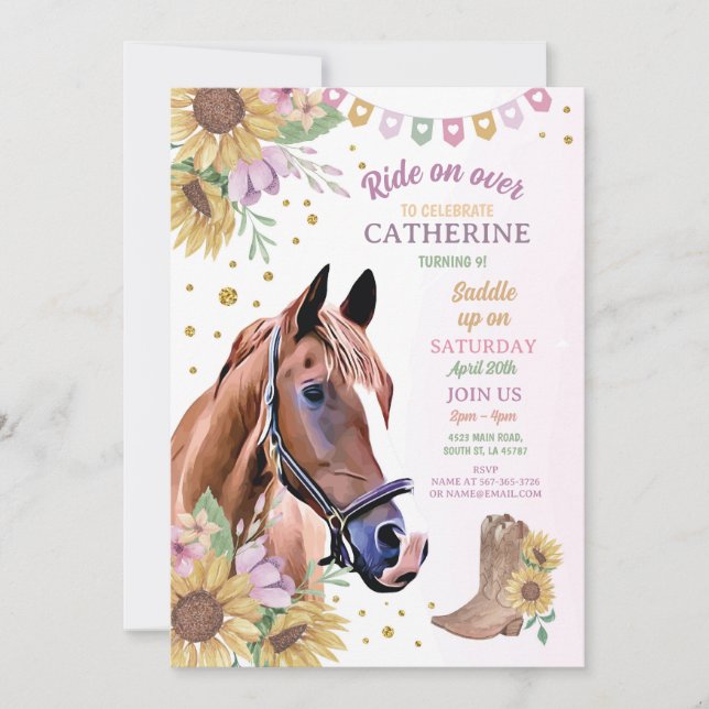 Reitsport Party Pony Sonnenblume Girl'o Einladung (Vorderseite)