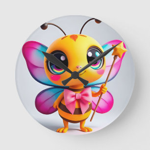 Reizende Cartoon-Bienen-Fee Charakter Runde Wanduhr