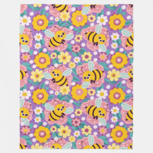 Reizende Cartoon-Bienen und Blumen Fleecedecke