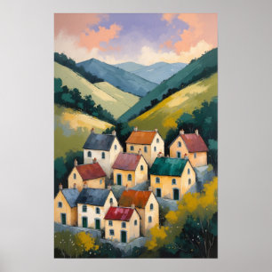 Reizende Dorfhäuser in einer hügeligen Landschaft Poster