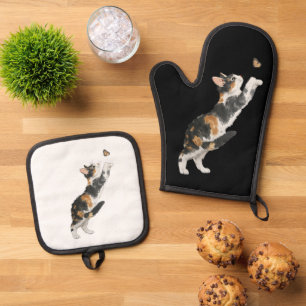 Reizende Dreifarbenkatze & Schmetterling Aquarell Ofenhandschuh & Topflappen-Set