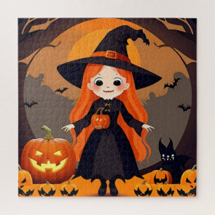 Reizende Hexe in einem Halloween-Szenario mit Kürb