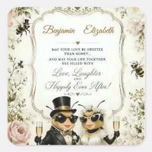 Reizende Honigbienen, elegante florale Hochzeit Quadratischer Aufkleber