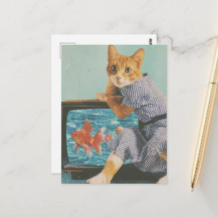 Reizende Katze mit Goldfisch im Fernsehen Retro-Co Postkarte