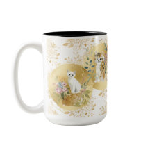 Reizende Katzen Tasse Gold Weiß Wasserfarbe 15 oz