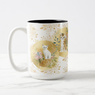 Reizende Katzen Tasse Gold Weiß Wasserfarbe 15 oz