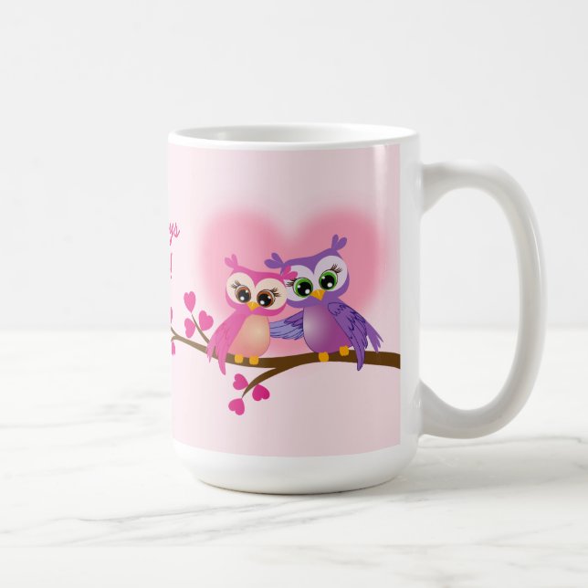 Reizende Paar-Eulen auf einer Niederlassungs-Tasse Kaffeetasse (Rechts)