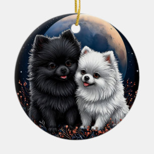 Reizende schwarze und weiße Pomeranian-Welpen Keramik Ornament