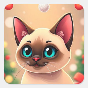 Reizende siamesische Katze mit Weihnachtsdekoratio Quadratischer Aufkleber