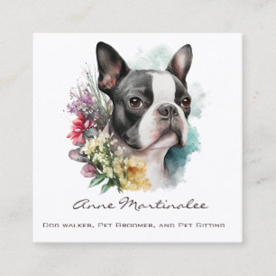 Reizender Boston Terrier und Blumen Aquarell Quadratische Visitenkarte