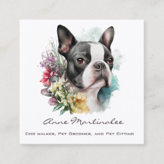 Reizender Boston Terrier und Blumen Aquarell Quadratische Visitenkarte