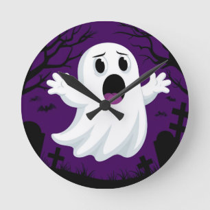 Reizender Cartoon-Geist in einem gruseligen Hallow Runde Wanduhr