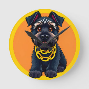 Reizender Cartoon-Schwarzer Hund mit Goldkette Runde Wanduhr