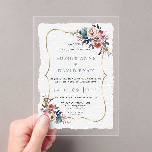 Reizender Dusty Blue Misty Rose Blumen Hochzeit Acryleinladungen