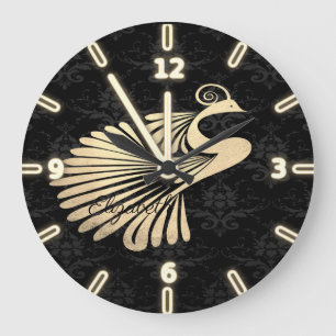 Reizender Goldpfau Schwarzer Damast - Personalisie Große Wanduhr