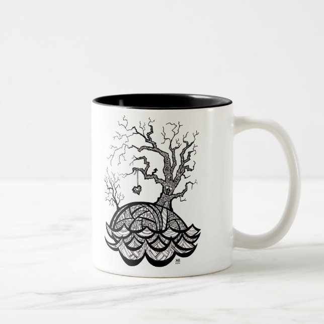 Reizender Hügel-verwickelte Herz-Baumillustration Zweifarbige Tasse (Rechts)
