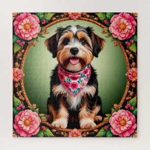 Reizender Hund, umrahmt von farbenfrohen Blumen