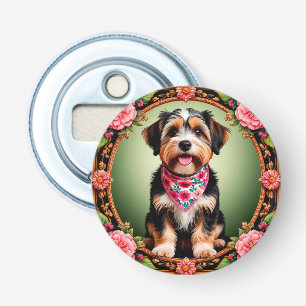 Reizender Hund, umrahmt von farbenfrohen Blumen Flaschenöffner