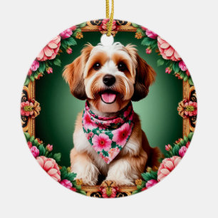 Reizender Hund, umrahmt von farbenfrohen Blumen Keramik Ornament