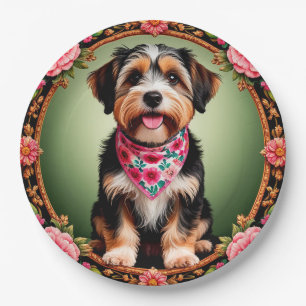 Reizender Hund, umrahmt von farbenfrohen Blumen Pappteller