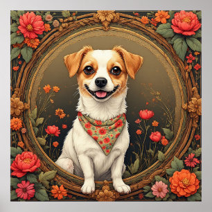 Reizender Hund, umrahmt von farbenfrohen Blumen Poster