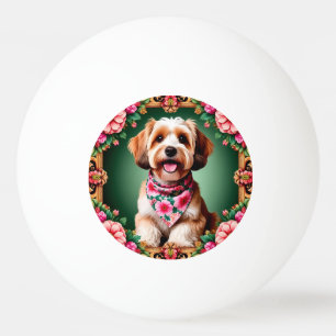 Reizender Hund, umrahmt von farbenfrohen Blumen Tischtennisball