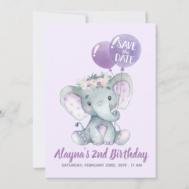 Reizender Lavendel-Elefant mit lila Ballonen Einladung (Vorderseite)