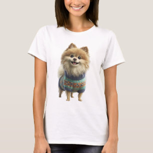 Reizender Pomeranian-Hund in farbenfroher Strickja T-Shirt