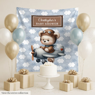 Reizender Teddybär-Pilot-Babyshower-Hintergrund Wandteppich